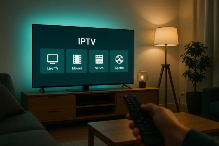 Smart IPTV auf Smart-TV – übersichtliches Menü mit Live-TV, Filme, Serien und Sport